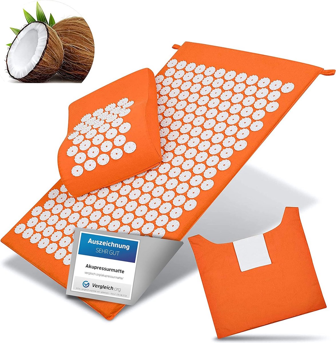 Premium Acupressuurmat met Kussen Set - Verlicht Spanning - Bevordert Circulatie - Inclusief Draagtas - Machinewasbaar - Oranje