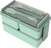 Kleine Groene Lunchbox - 1400ml - Met servies en vakjes x3 - Geschikt voor rijst, noodles, groente, vlees en meer! - Voor kinderen en volwassenen - Groen