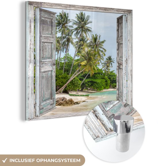 MuchoWow® Glasschilderij 20x20 cm - Schilderij acrylglas - Tropisch - Palmboom - Doorkijk - Zee - Foto op glas - Schilderijen