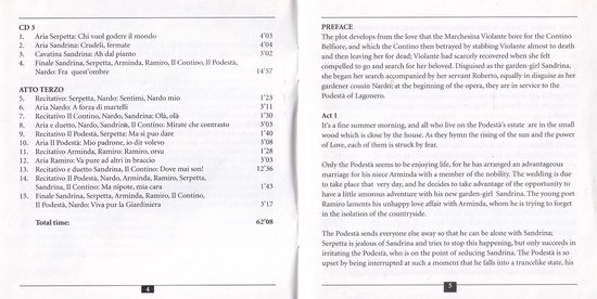Inhoudsopgave van La Finta Giardiniera opera, CD 3, met lijst van recitatieven en aria's.