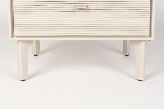 Onderkant van een beige ladekast met 1 gesloten lade en schuine pootjes op een witte achtergrond.