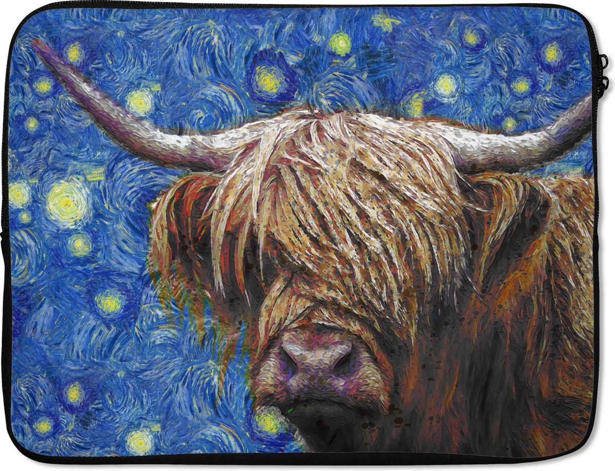 Laptophoes 15.6 inch - Van Gogh - Schotse hooglander - Sterrennacht - Laptop sleeve - Binnenmaat 37x26 cm - Zwarte achterkant