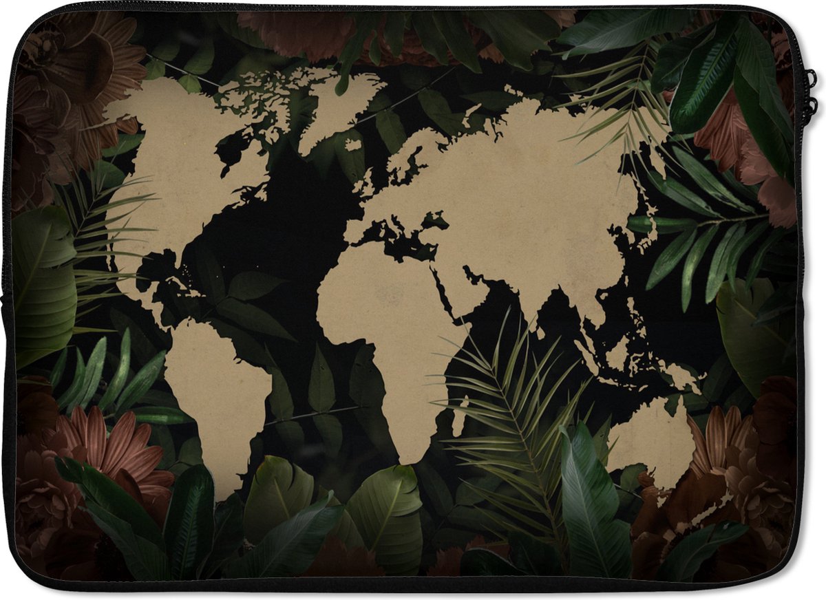 Laptophoes 13 inch - Wereldkaart - Bladeren - Bloemen - Laptop sleeve - Binnenmaat 32x22,5 cm - Zwarte achterkant
