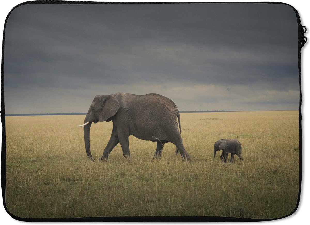 Laptophoes 14 inch - Olifant - Savanne - Dieren - Natuur - Laptop sleeve - Binnenmaat 33x23 cm - Zwarte achterkant