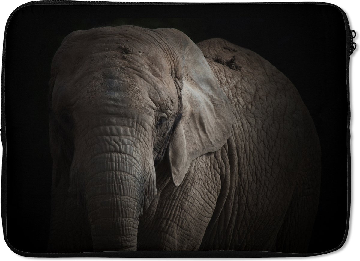Laptophoes 14 inch - Olifant - Portret - Dieren - Zwart - Laptop sleeve - Binnenmaat 33x23 cm - Zwarte achterkant