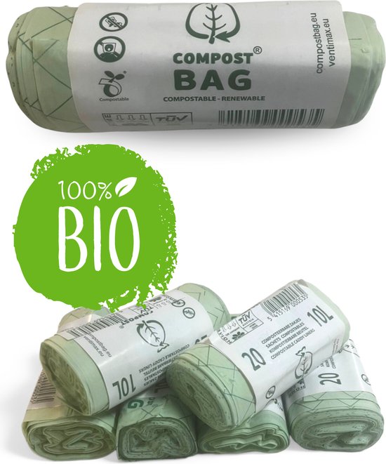 Composteerbare afvalzakjes – 10L – Biologisch afbreekbaar – Europees gecertificeerd / Bio Afvalzak / Compostzak / Afvalzak / Vuilniszak