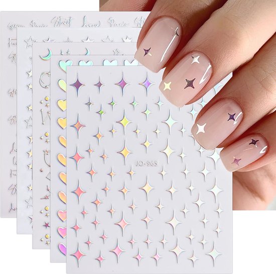 Joyful Nail - 6 vellen nagel stickers - Grijs met holografish kleur - Nagelstickers ster, hart, smiley, roos - Nagel decoratie - Zelfklevende nagelstickers - Holographic stickers - Nail art set tools