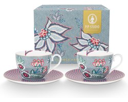 Pip Studio - Flower Festival kop en schotel - Koffiekopjes met schoteltje - Lichtblauw - Porselein - 280ml - Serviesset van 2