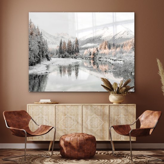 MuchoWow® Peinture sur verre 160x120 cm - Peinture sur verre acrylique - Nature - Hiver - Arbres - Montagnes - Neige - Photo sur verre - Peintures