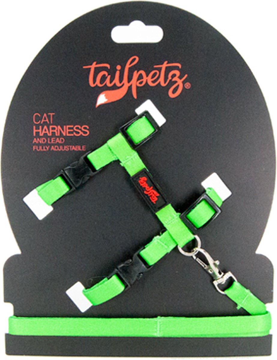 Tailpetz | Cat Harness & Lead -Green| Kattentuigje en lijn - One Size Fully Adjustable - Set voor Katten - Kattenharnas - Kattentuig - Kat - Harnas - collar - tuig