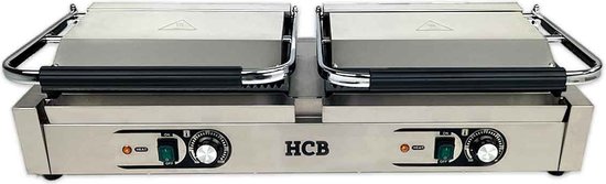 HCB® - Professionele Horeca Paninigrill - dubbel - geribbeld - 230V - RVS / INOX panini grill - Tosti apparaat - contact grill - 84.5x30.5x20 cm (BxDxH) - 20 kg