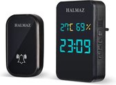 HALMAZ Draadloze deurbel – Zwart – Led verlichting - IP44 Waterdicht – 38 Melodieën – Bereik 200 meter – Tijd - Temperatuur - Luchtvochtigheid - 1 ontvanger