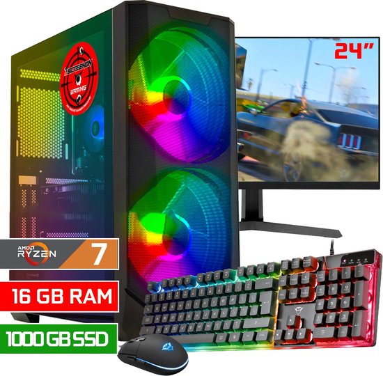 Gaming pc set met pc-kast, 24-inch monitor, toetsenbord en muis. Pc met RGB-ventilatoren, AMD Ryzen 7, 16GB RAM, 1000GB SSD.