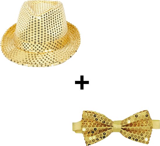 Feest hoedje - Fedora hoed - Gouden strik - Vlinderdas - Disco outfit - Hoofdomtrek 58 cm - Glitter pailletten - Goud