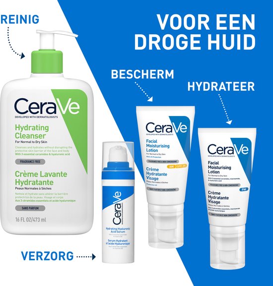 Een set CeraVe huidverzorgingsproducten, waaronder een reiniger, een serum en twee moisturizers. Tekst: "VOOR EEN DROGE HUID".