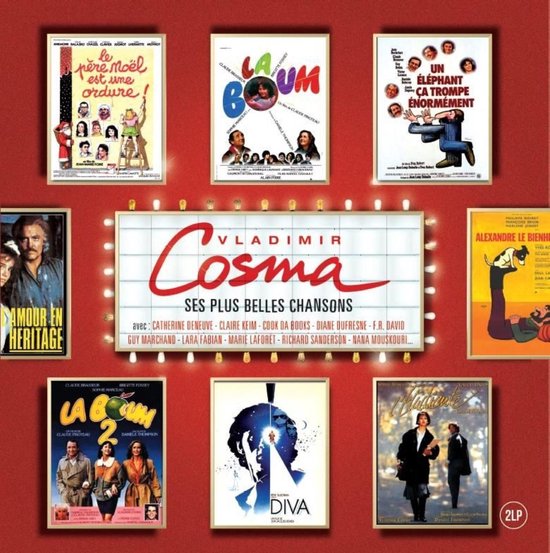Een collage van negen filmposters, waaronder "Le père Noël est une ordure" en "La Boum", rond een centrale lichtbak met de titel "Vladimir Cosma Ses Plus Belles Chansons".