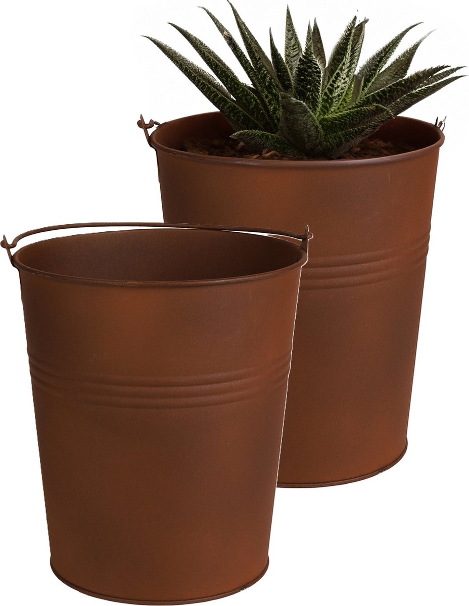 Goedkoopste Sunnydays Emmer/plantenpot/bloempot - 2x - zink - roestbruin - D13 x H14 cm