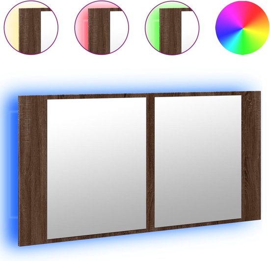 vidaXL - Badkamerkast - met - spiegel - en - LED - 90x12x45 - acryl - bruineikenkleur