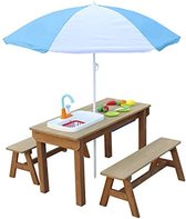 Gratyfied - Tuinset kinderen - Picknicktafel kinderen - Tuinstoel kinderen - Tuintafel kinderen - Kindertafel buiten - ‎94 x 92,5 x 50,5 cm - 12,7 kg - Bruin, Blauw, Wit‎