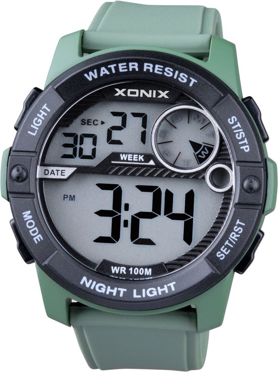 Xonix CV-A03 - Horloge - Analoog - Heren - Mannen - Rond - Siliconen band - ABS - Cijfers - Achtergrondverlichting - Alarm - Start-Stop - Chronograaf - Tweede tijdzone - 12/24 - Waterdicht - DonkerGroen - Zwart - 10ATM