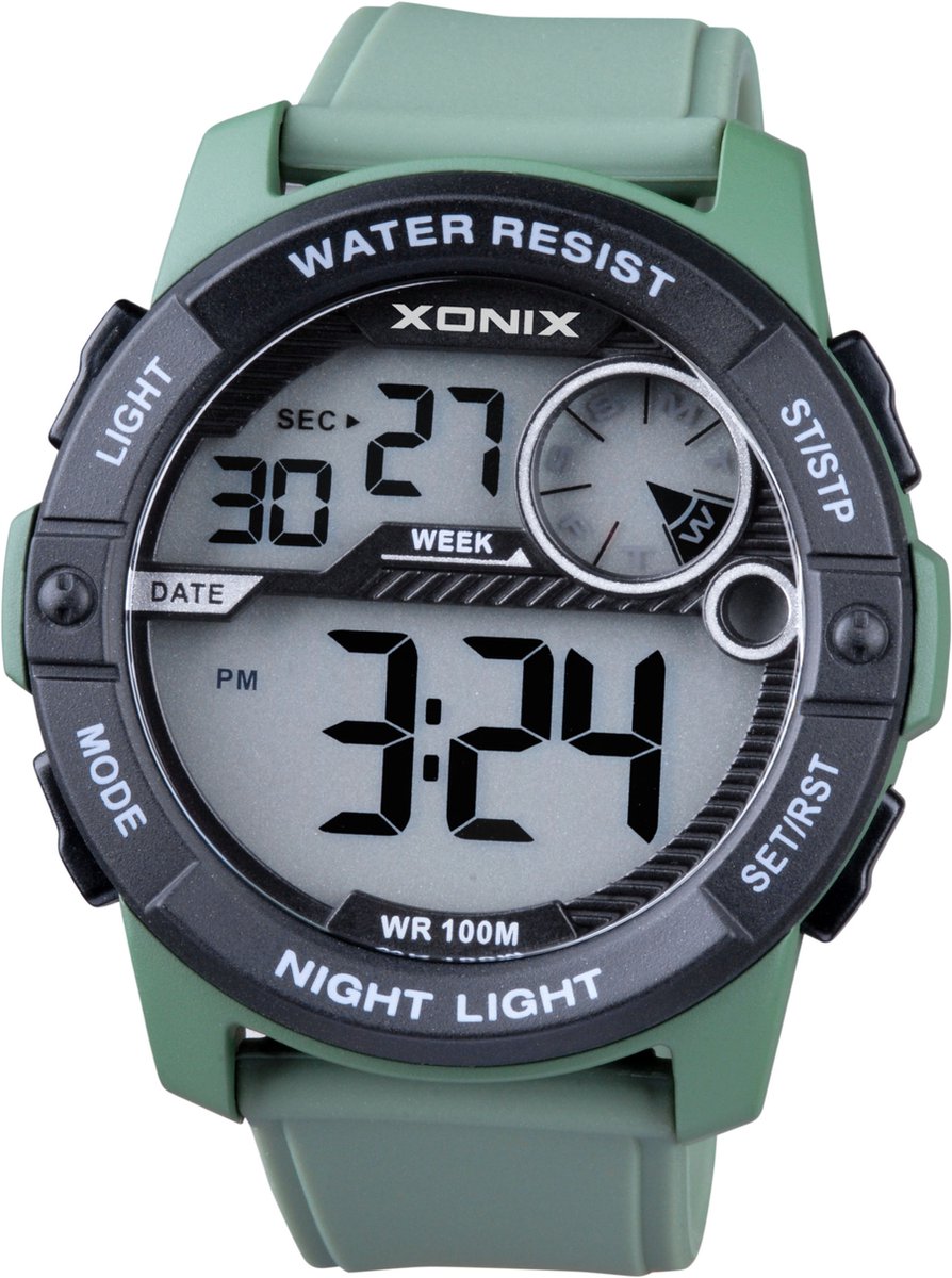 Xonix CV-A03 - Horloge - Analoog - Heren - Mannen - Rond - Siliconen band - ABS - Cijfers - Achtergrondverlichting - Alarm - Start-Stop - Chronograaf - Tweede tijdzone - 12-24 - Waterdicht - DonkerGroen - Zwart - 10ATM