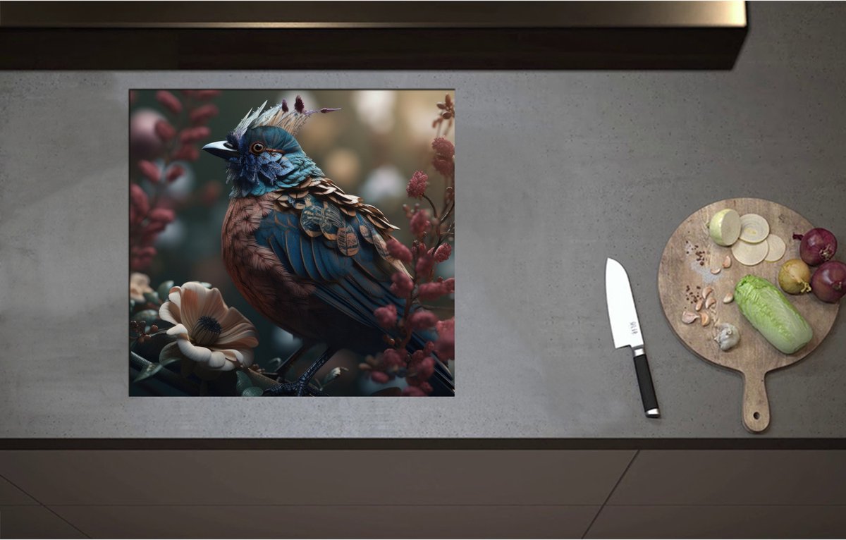 Inductieplaat Beschermer - Blauwe Gaai Vogel met Kleurrijke Veren en Bloemen - 58x55 cm - 2 mm Dik - Inductie Beschermer - Bescherming Inductiekookplaat - Kookplaat Beschermer van Wit Vinyl