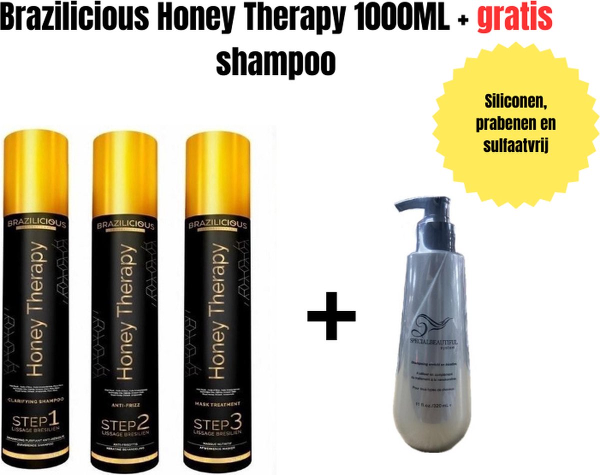 Brazilicious Honey Therapy Keratine 3 x 1000ml + Gratis shampoo 320ml