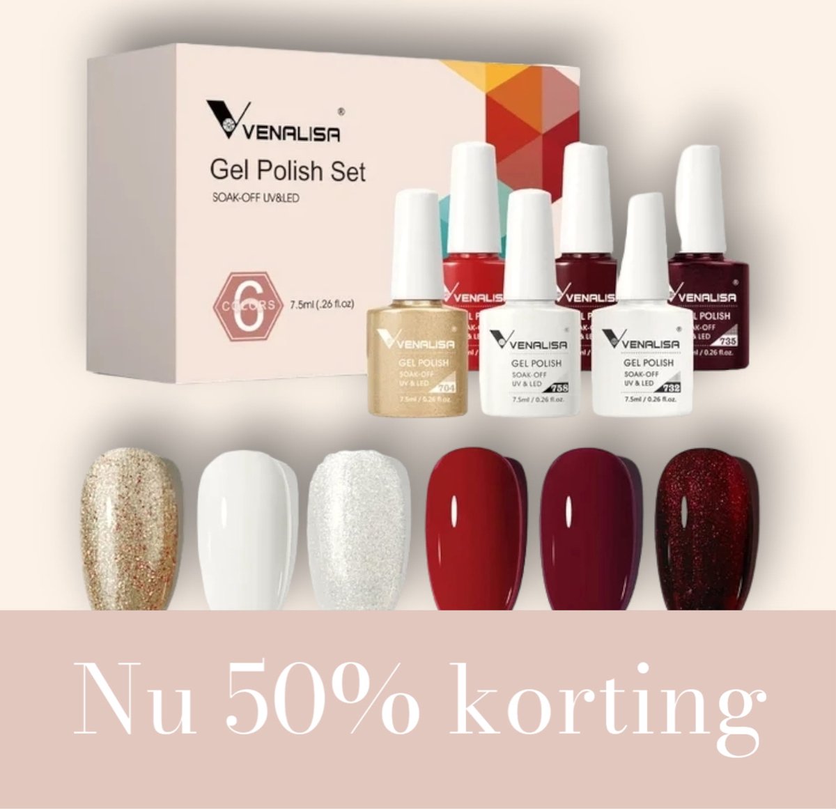 Goedkoopste Venalisa - Goud - Wit - Rood - Glitterende Set - 6x 7.5 ml - 6 Stuks Gellak - Gellac Glitter Set - Gellak 2206 - Gellak - Gellak Kleuren - Venalisa Gellak - Gellak Nagellak