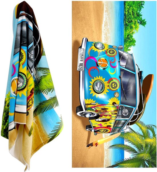 VW Transporter strandlaken - 140 x 70 cm. - Summer Bus Love handdoek - blauw