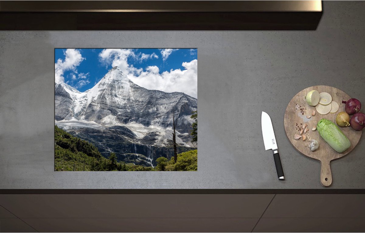 Inductieplaat Beschermer - Begroeiing aan de Rand van Stijle Sneeuwbergen - 59x51 cm - 2 mm Dik - Inductie Beschermer - Bescherming Inductiekookplaat - Kookplaat Beschermer van Wit Vinyl