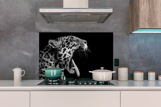 Spatscherm keuken 100x65 cm - Kookplaat achterwand Jaguar - Dier - Zwart - Wit - Muurbeschermer - Spatwand fornuis - Hoogwaardig aluminium