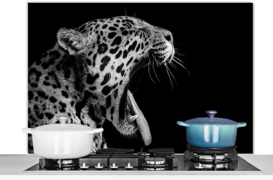 Spatscherm keuken 100x65 cm - Kookplaat achterwand Jaguar - Dier - Zwart - Wit - Muurbeschermer - Spatwand fornuis - Hoogwaardig aluminium