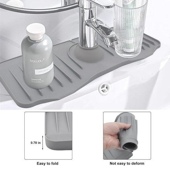 Volminex Siliconen Mat voor Spoelbak, Smalle Spoelbak Splash Guard, Kraan Mat voor Waterafvoer, Keuken Kraan Handvat Druppelvanger, Antislip Afdruipmat voor de Rand van de Gootsteen (Grijs, 42 cm