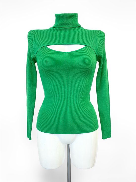 Cut out knitted top - Groen - Trui met stretch voor dames - Top met col - Trui voor vrouwen - Een geheel - Veel stretch - One-size - Een maat