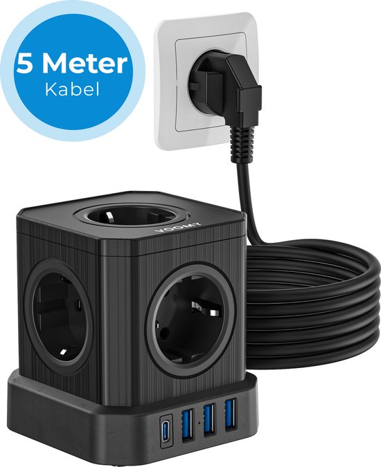 Voomy Cube 5M Stekkerdoos met USB-C 20W Snellader - Met Schakelaar - 5 Stopcontacten - 4 USB Poorten - Powercube - 5M Verlengsnoer - Zwart