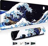 Gaming muismat XXL 800 x 300 mm, Japanse kunst, Kanagawa surfen en zwart, groot, genaaide randen, waterdicht, anti-slip, voor pc, MacBook, laptop