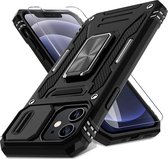 Nuvex Hoesje geschikt voor iPhone 12 Zwart Telefoonhoesje - Anti-Shock Case Cover Hybrid Armor Hoes met Kickstand Ring met Screenprotector