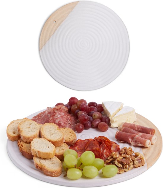 Amarcado - Borrelplank Rond van Keramiek 30.5 cm - Pizzasteen - Tapasplank - Serveerplank - Kaasplank - Hapjesplank - Cheese Board - Geschikt voor Kaas, Worst, Charcuterie, Hapjes, Olijven, Pizza, en meer - Aardewerk - Keramiek - Porselein