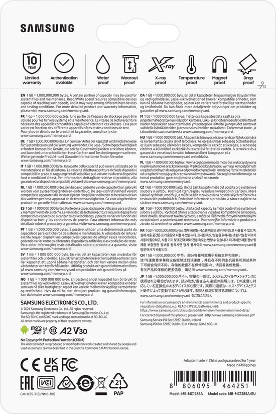 Achterkant van Samsung verpakking met productinformatie en certificeringen.