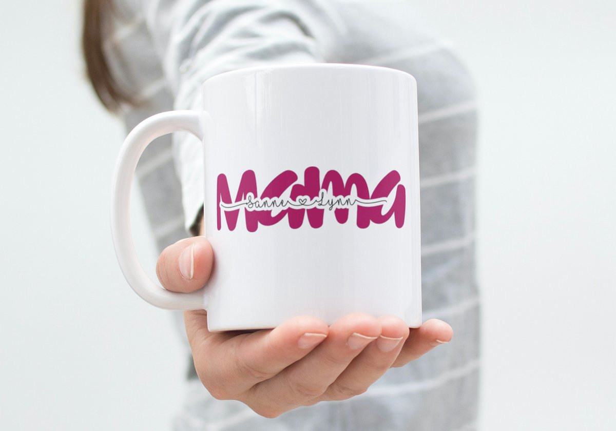 Hip met Pit Creaties - Mok "Mama" Gepersonaliseerd met Namen Kinderen - 300ml Koffiemok - Vaatwasbestendig - Verjaardag Moederdag - Namen via Mail