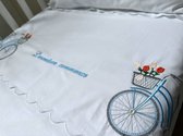 Personalized duvet cover with a pink bicycle and a dedication embroidered- Junior bed- children's bed