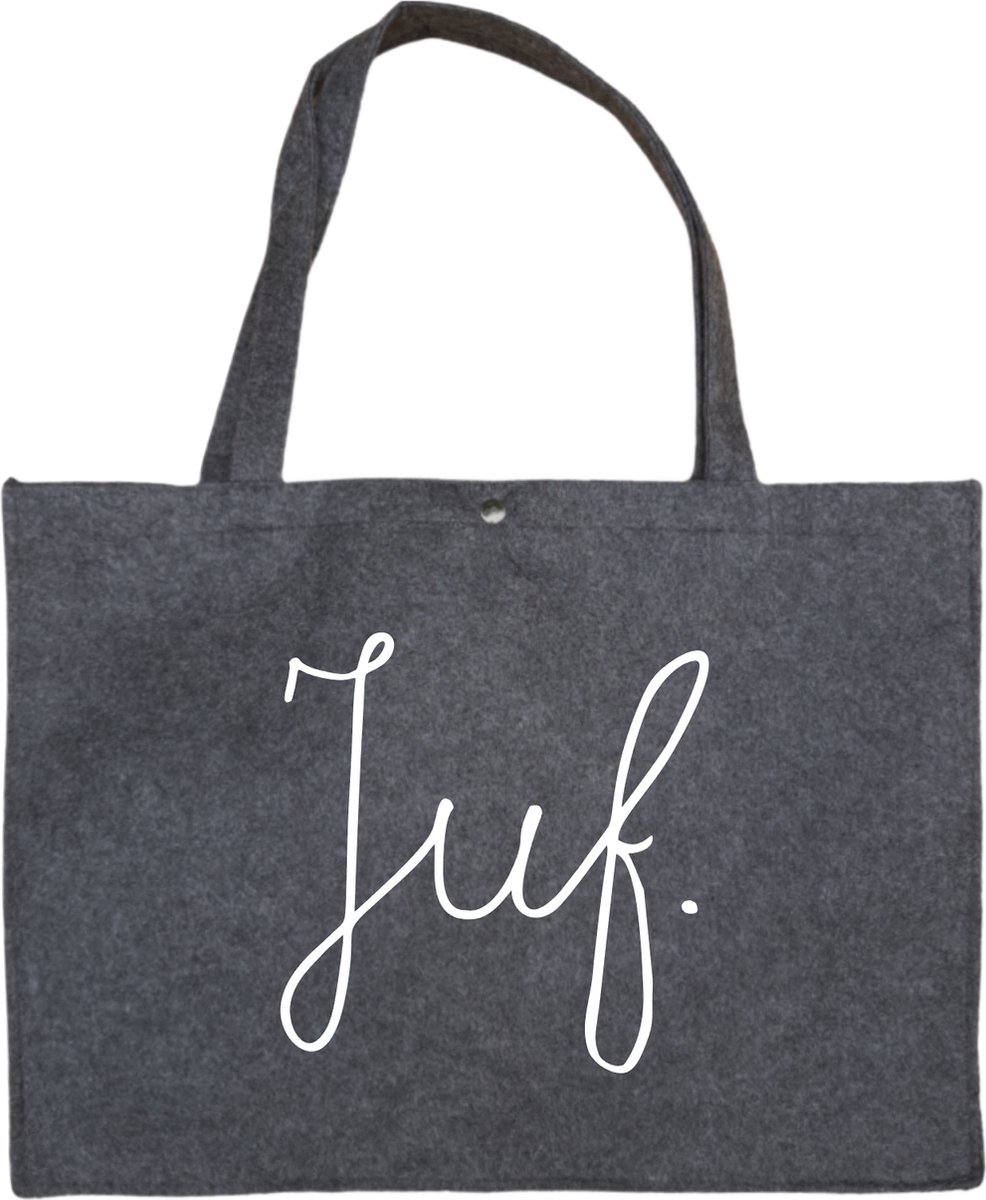 Tas Voor De Juf - Juf. - Antraciet Vilten Tas Met Drukknoop A3 - Juf Bedankt Cadeau - Bedankje Juf Kado - Vilten Shopper A3 Formaat - Antraciet Vilten Tas Met Hengsels En Sluiting