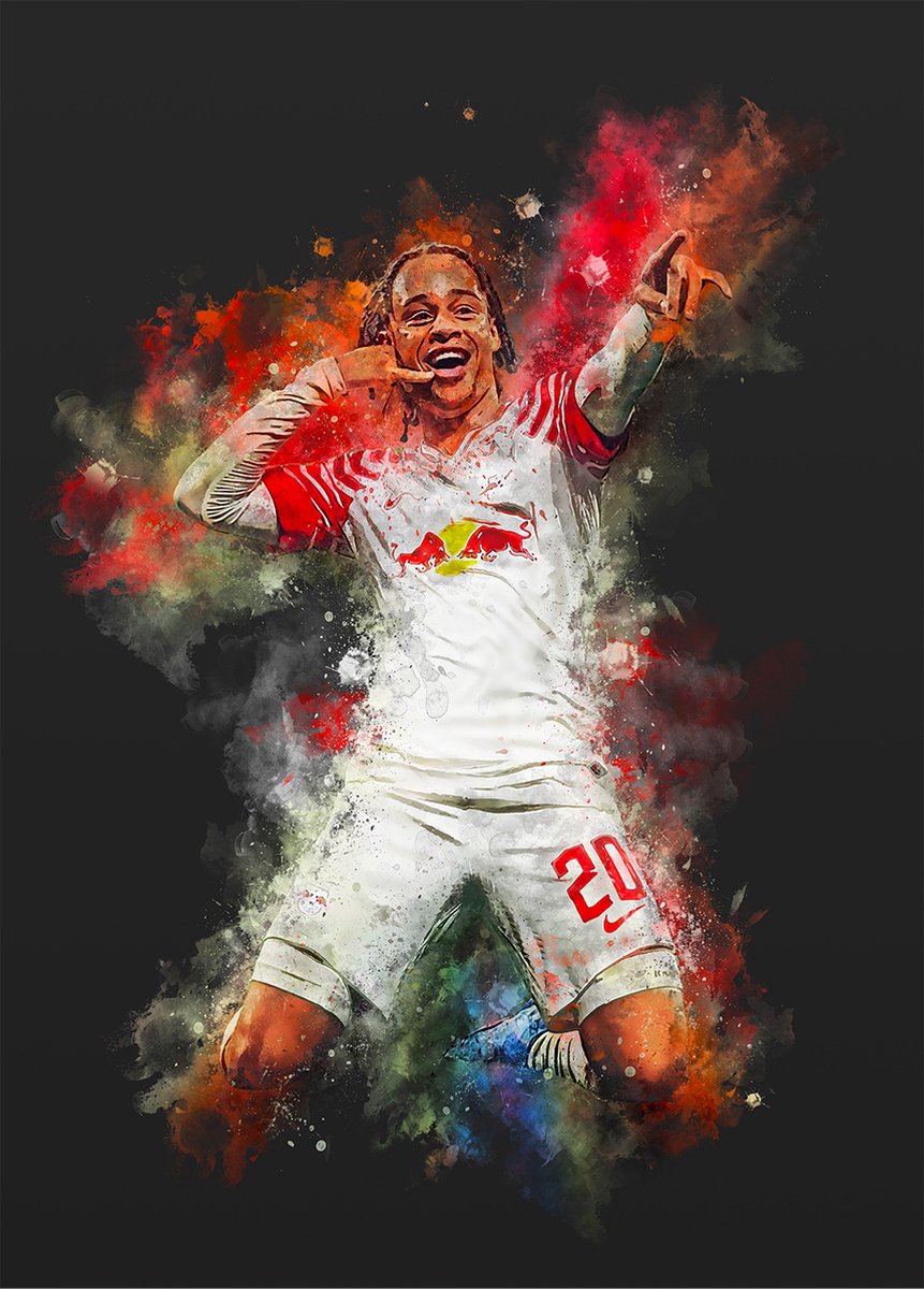 Wallofprints - Xavi Simons poster op A3 semi- glossy papier - 29.7x42 cm - Sport poster - Voetbal poster - Unieke poster van Xavi Simons in Red Bull Leipzig tenue met donkergrijze achtergrondkleur