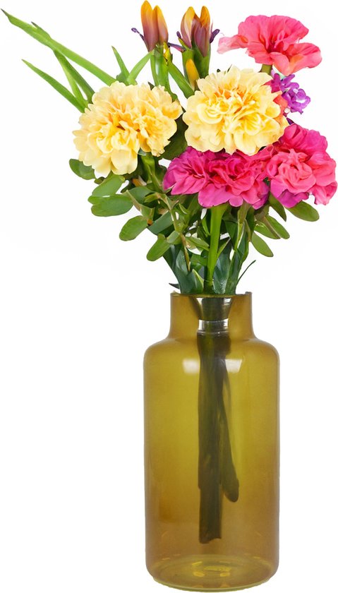 Floran Bloemenvaas Milan - transparant oker geel glas - D15 x H30 cm - melkbus vaas met smalle hals