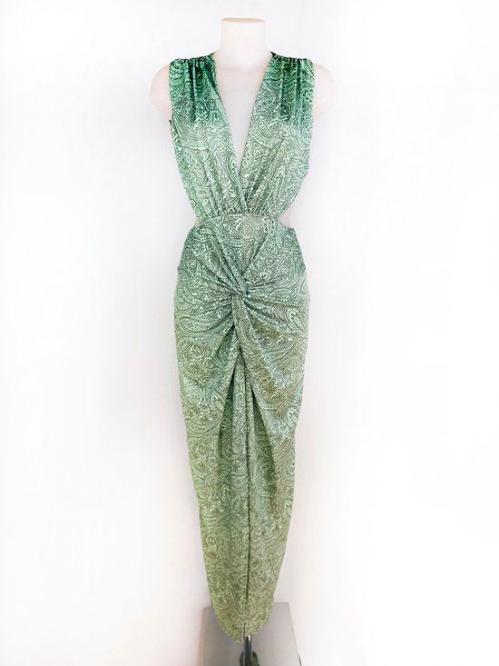 Lange jurk met print - Groen - Lang jurkje met open rug - Zomerjurk met split - Met stretch - One-size - Een maat