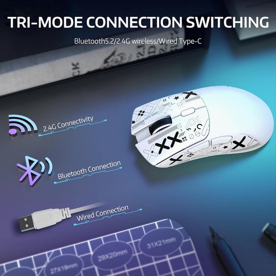 Witte gamingmuis met grafische patronen, met "TRI-MODE CONNECTION SWITCHING" en pictogrammen voor connectiviteit.