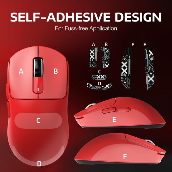 Bovenaanzicht van een felrode gaming muis met USB-ontvanger, met tekst 'SELF-ADHESIVE DESIGN'.