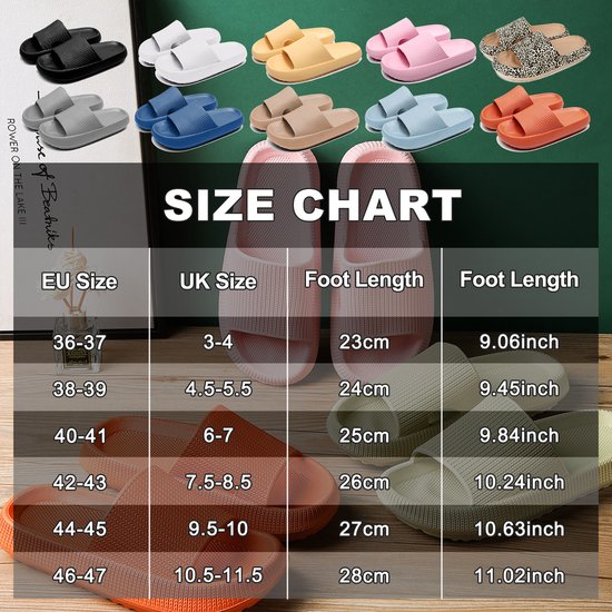 Maattabel voor slippers met EU/UK maten en voetlengtes in cm en inches. Diverse kleuren slippers bovenaan.