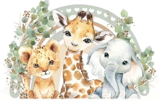 Muursticker Babykamer - Kinderkamer - Leeuwin Giraffe Olifant Regenboog - Jungle - Aquarel - 60x40cm - Muur decoratie