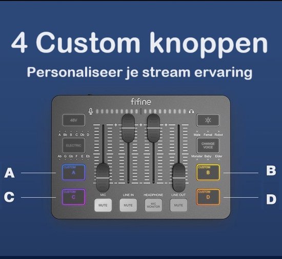 Fifine SC-3 mixer met 4 custom knoppen (A, B, C, D) voor personalisatie.